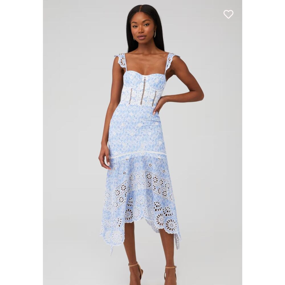 Karina Grimaldi Blue Irma Eyelet Detail Floral Print Midi Dress Size Small